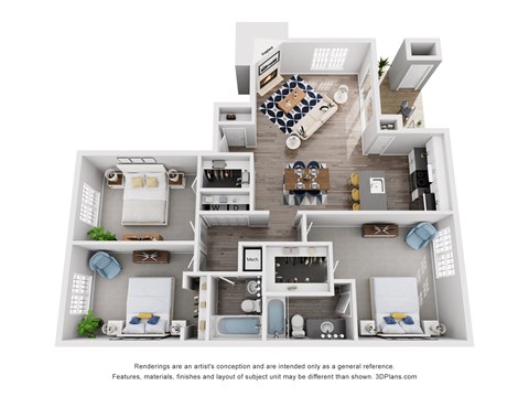 Floor plan for 3 beds, 2 baths, 1306 sqft